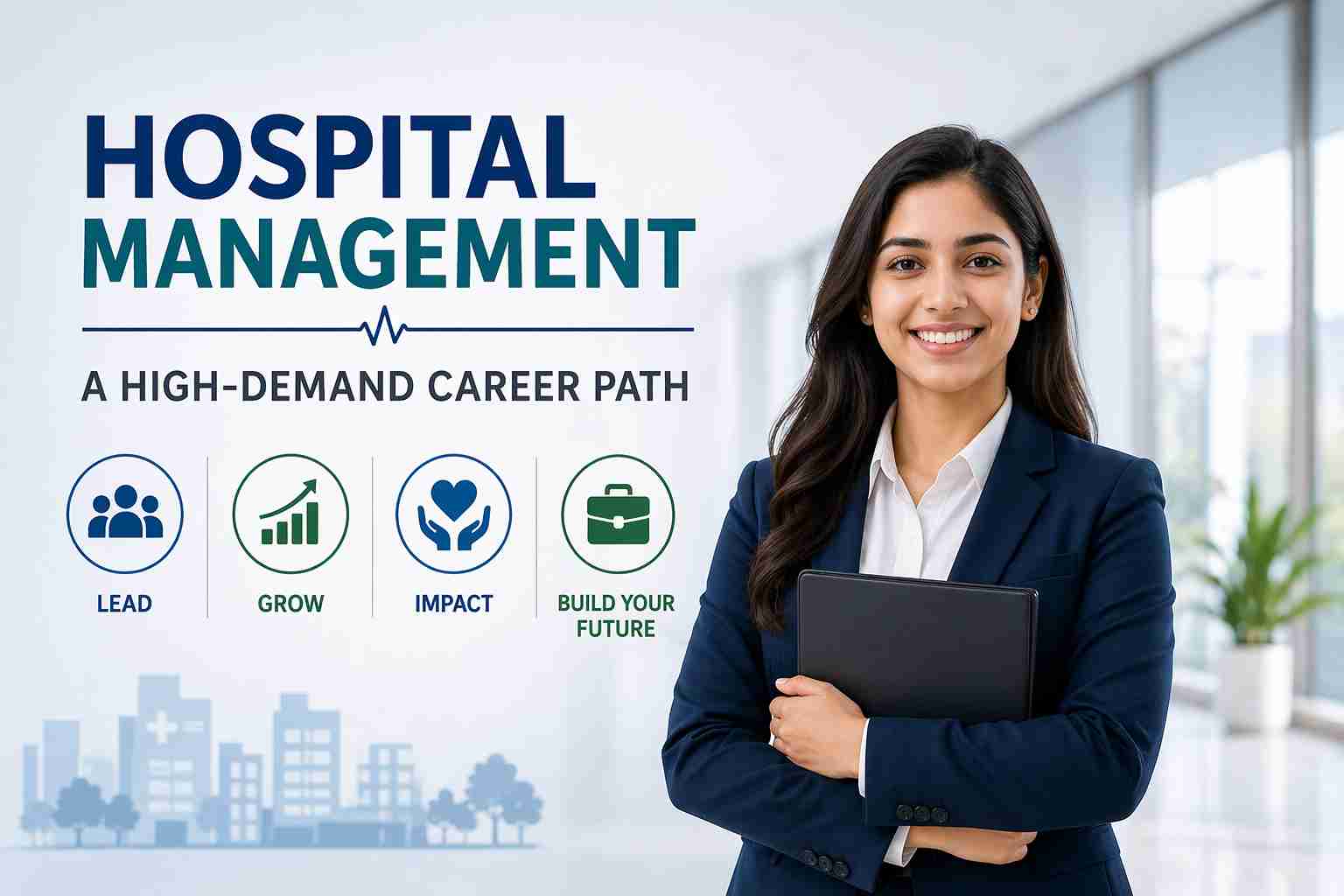 Confident young professional woman in a navy business suit holding a folder, standing in a modern hospital or office setting. Text next to her reads 'Hospital Management: A High-Demand Career Path' with icons for Lead, Grow, Impact, and Build Your Future.