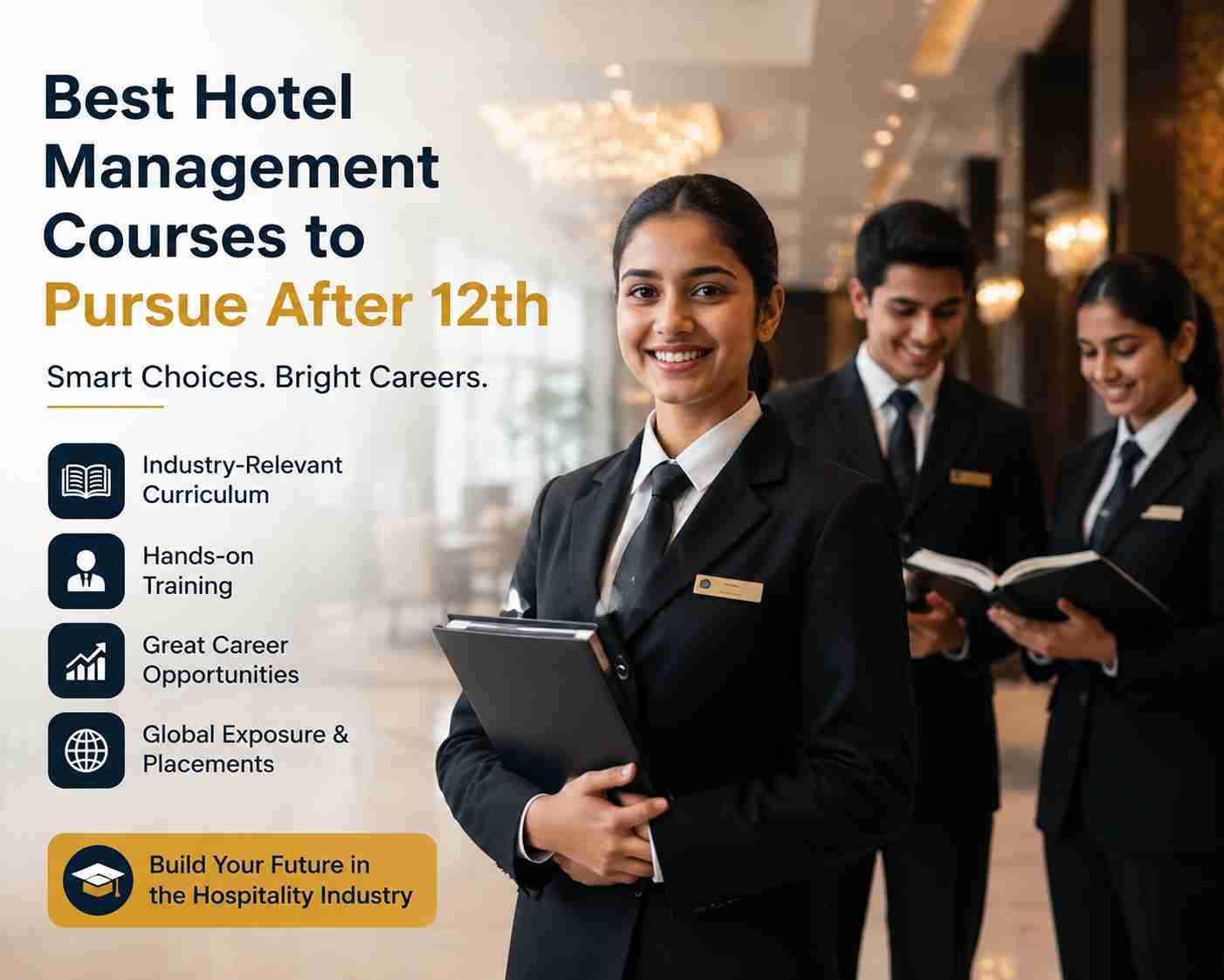 Hotel management students in uniform with information about courses after 12th, hands-on training, placements, and hospitality career opportunities