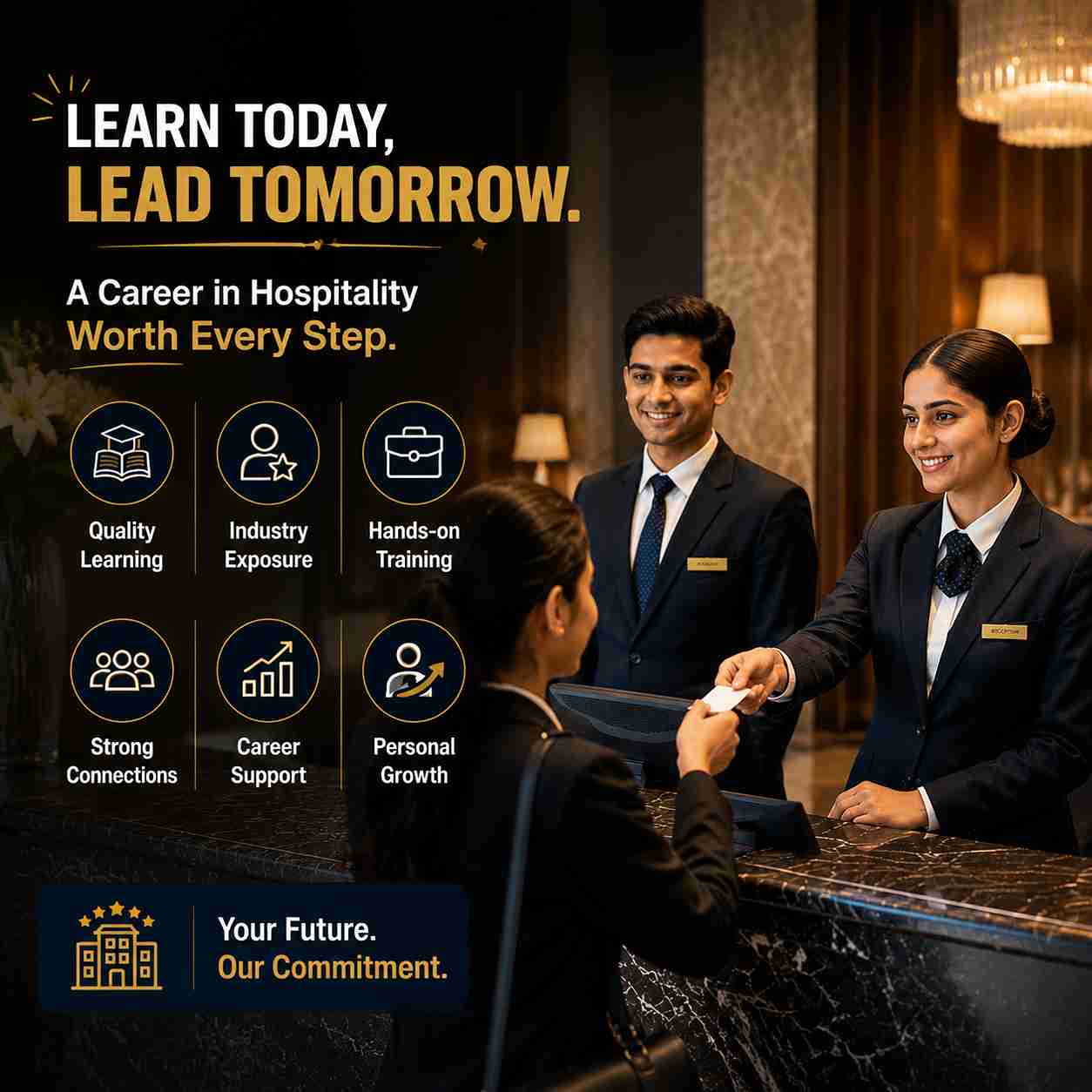 Hotel management students receiving front office training with focus on quality learning, industry exposure, career support, and hospitality skills