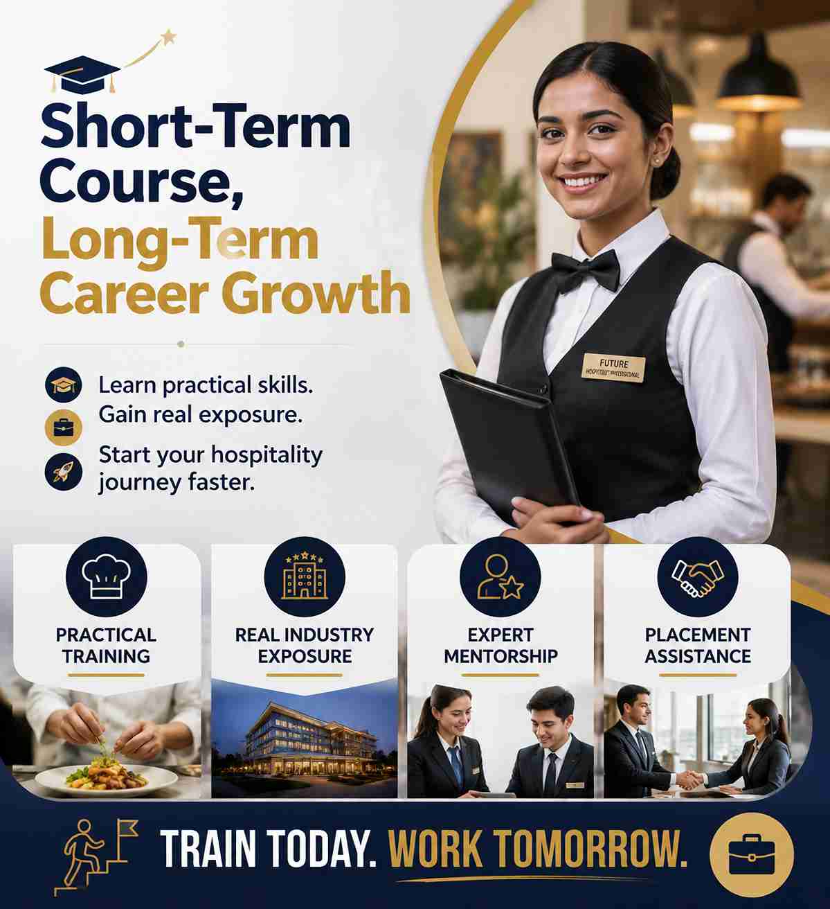 Short-term hotel management course with practical training, industry exposure, expert mentorship and placement support for hospitality career growth.