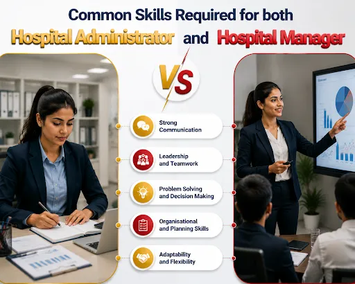 Comparison of common skills required for hospital administrators and hospital managers including communication, leadership, problem-solving, organisational skills and adaptability