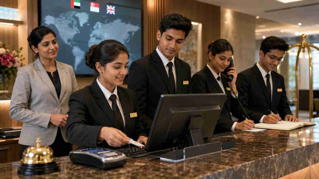 Hotel management students practising front office operations with faculty guidance in a modern hospitality training environment for global career opportunities