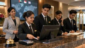 Hotel management students practising front office operations with faculty guidance in a modern hospitality training environment for global career opportunities