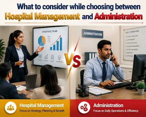 Visual comparison between hospital management and hospital administration showing focus areas like strategy, planning, daily operations and healthcare efficiency