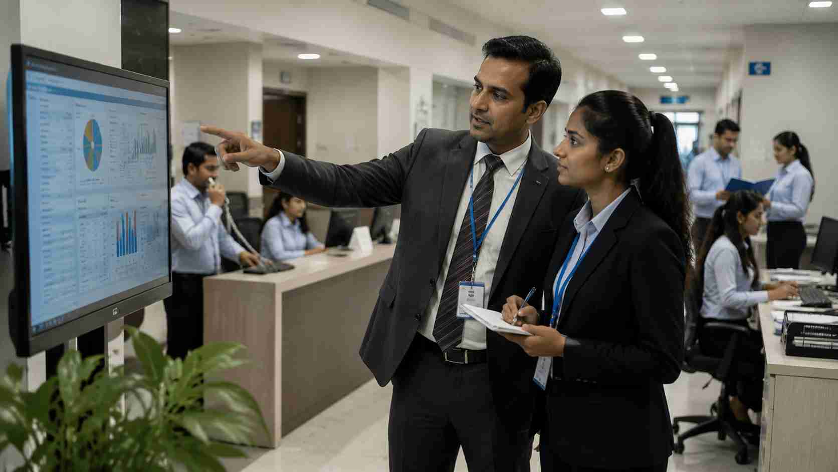 Hospital management students discussing healthcare operations and analysing administrative processes in a modern hospital environment