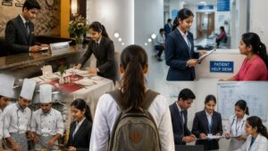 Students exploring hotel and hospital management courses through practical industry training and professional learning environments