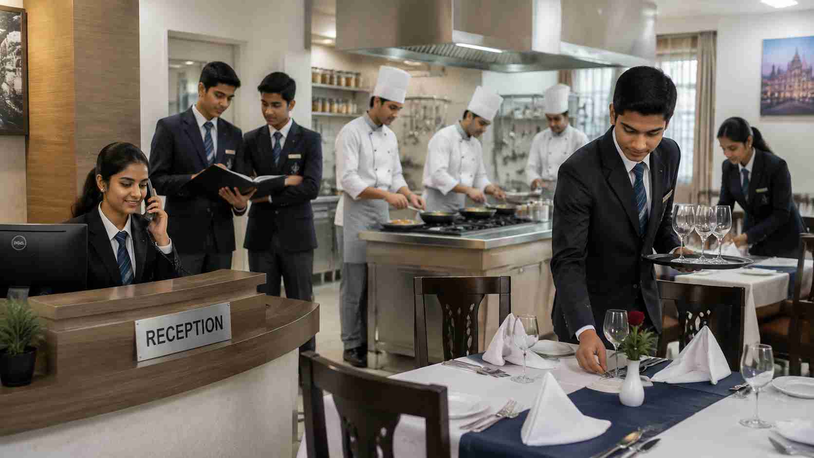 Hotel management students receiving practical training in hospitality operations with reception services, culinary practice and restaurant management activities
