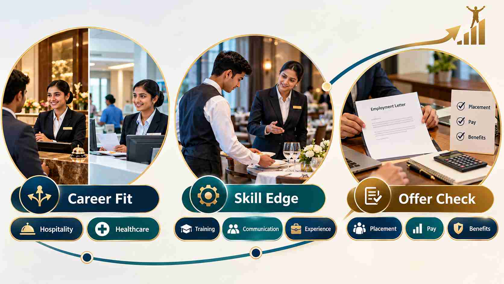 Infographic illustrating hotel and hospital management career choices, hospitality skill development, and job offer evaluation based on placement opportunities, salary and benefits.