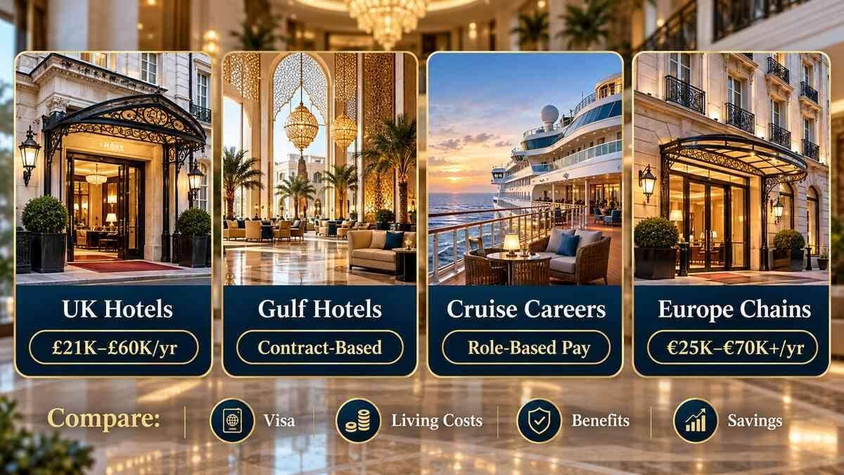 AI Generated Image showing hotel management career opportunities in UK hotels, Gulf hotels, cruise ships and European hotel chains, comparing salary ranges, contracts and international employment benefits.