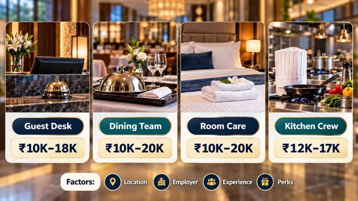 AI Generated Image comparing monthly hotel management salaries in India for freshers across front office, food and beverage, housekeeping and culinary departments, with estimated pay ranging from ₹10,000 to ₹20,000.