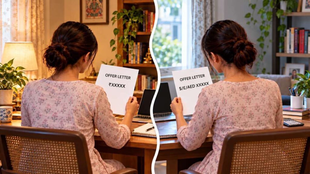 AI Generated Image of a woman comparing hotel management job offer letters in Indian and foreign currencies, highlighting salary differences and overseas career opportunities.