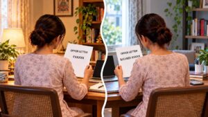 AI Generated Image of a woman comparing hotel management job offer letters in Indian and foreign currencies, highlighting salary differences and overseas career opportunities.
